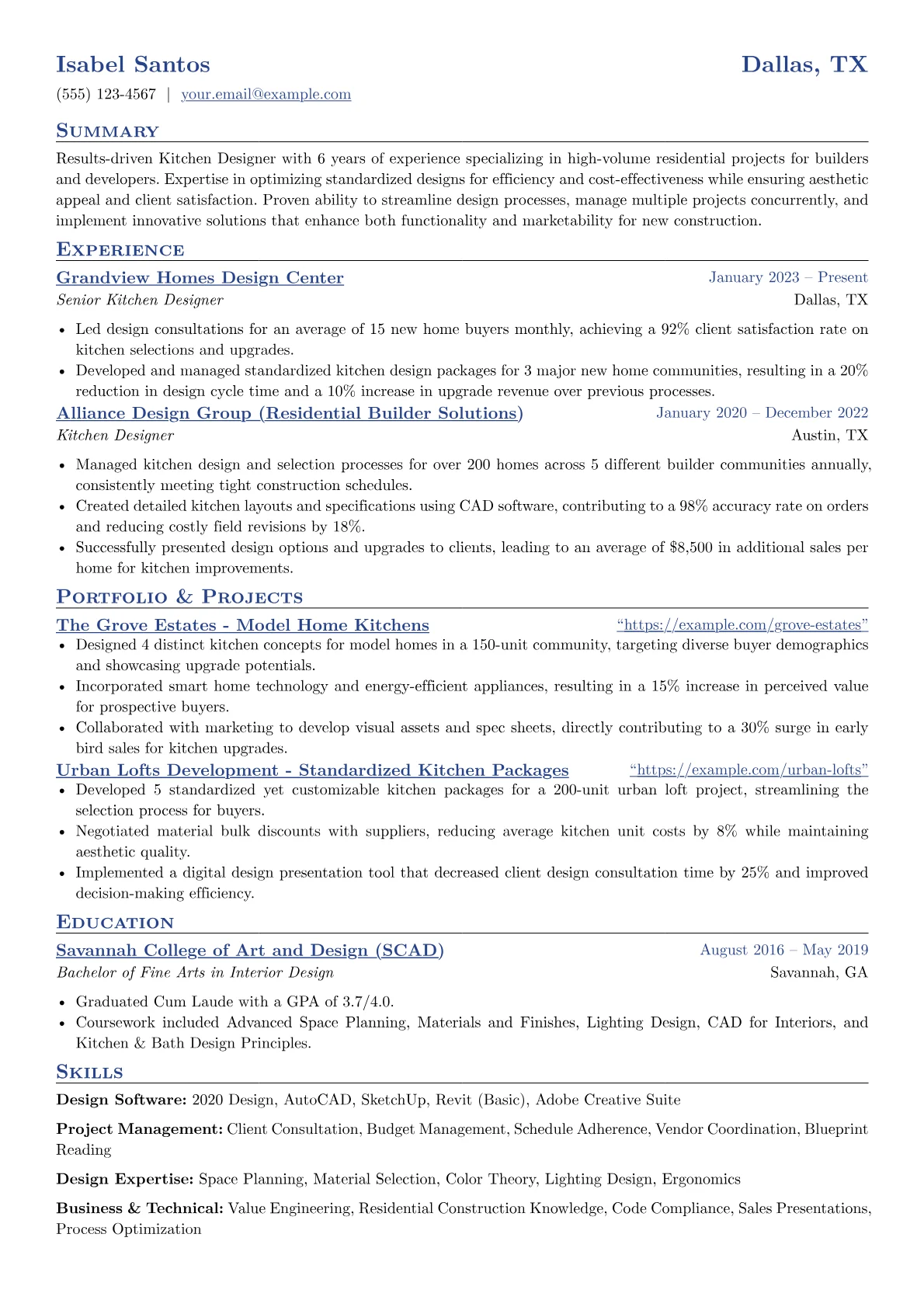 Kitchen Designer resume example, High-Volume Residential, page 1