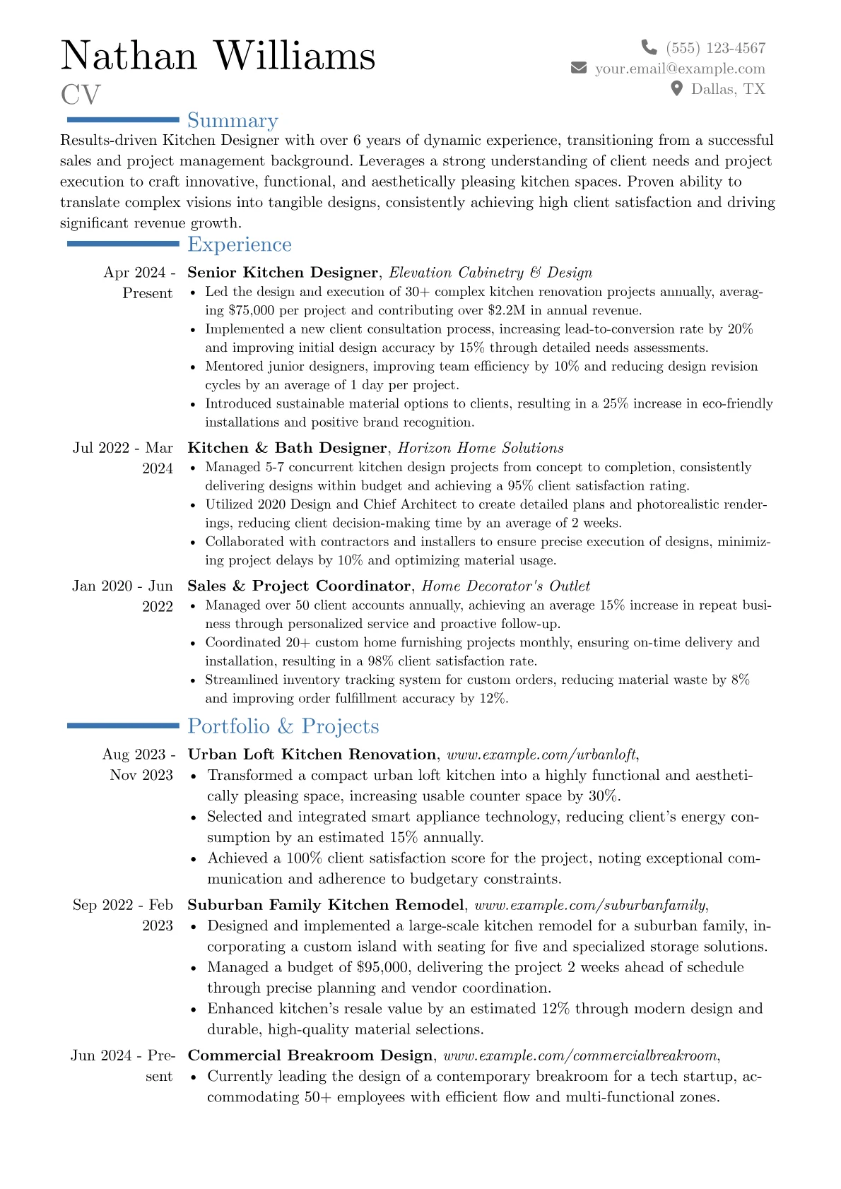 Kitchen Designer resume example, Career changer, page 1