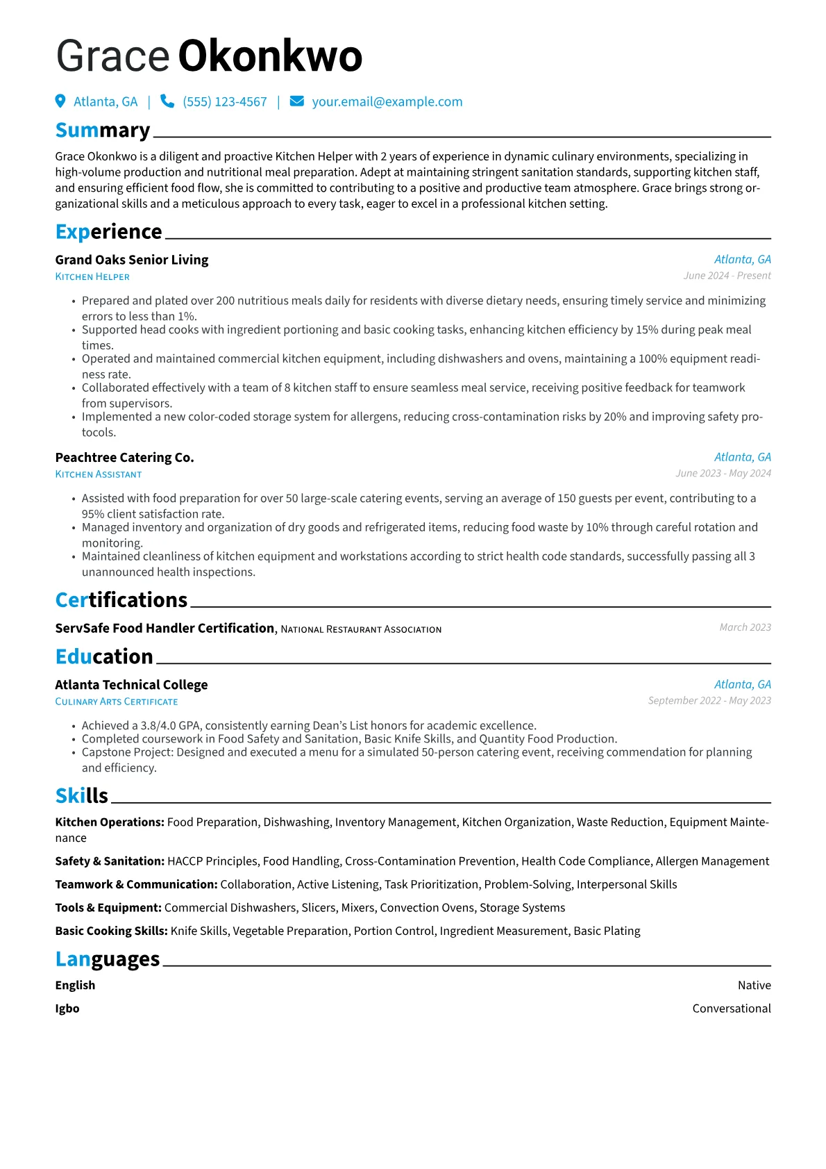Kitchen Helper With No Experience resume example, Kitchen Operations, page 1