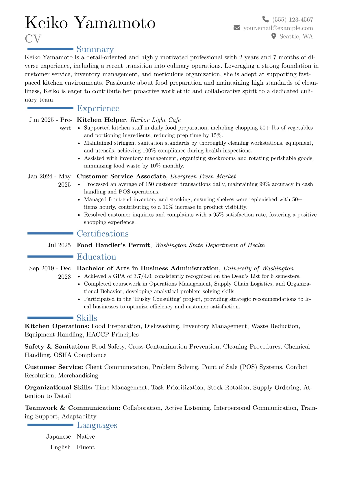 Kitchen Helper With No Experience resume example, Career changer, page 1