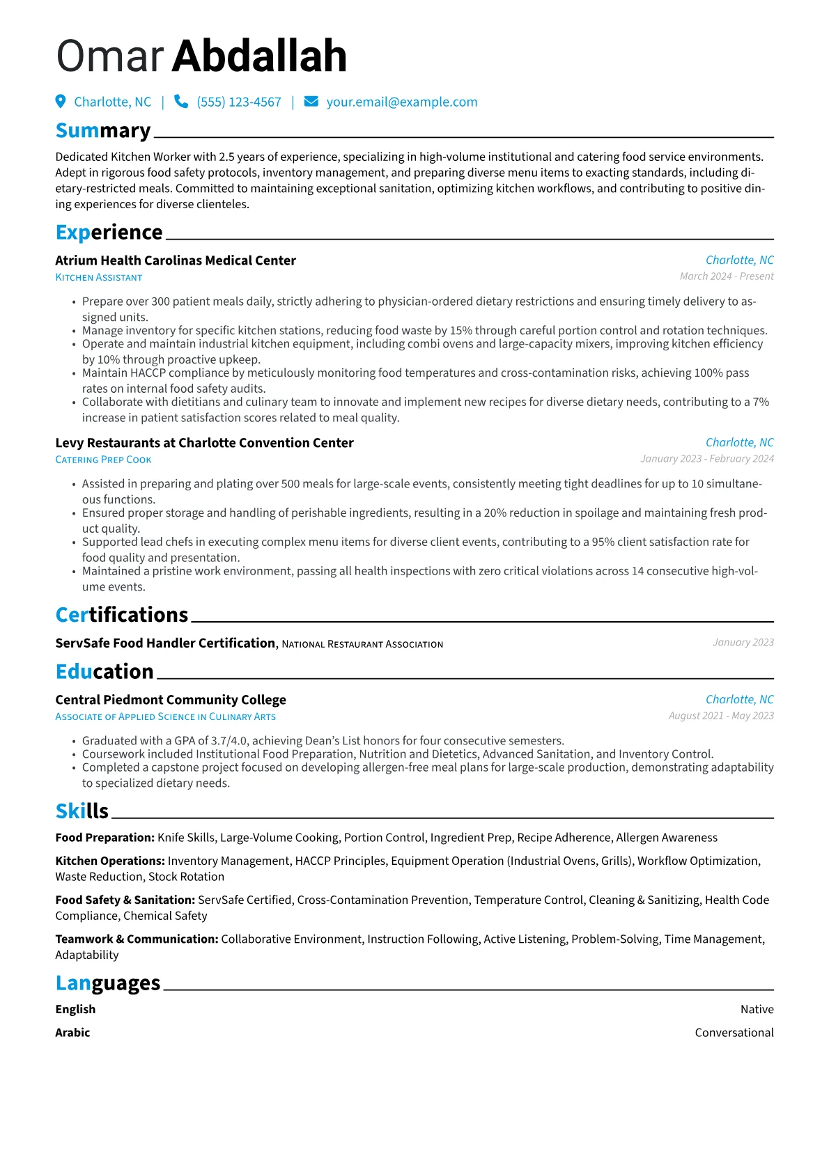 Kitchen Worker resume example, Healthcare & Catering, page 1