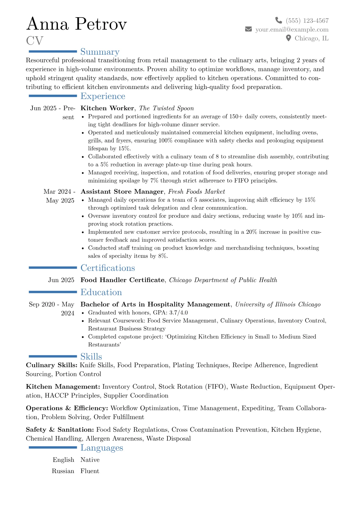 Kitchen Worker resume example, Career changer, page 1