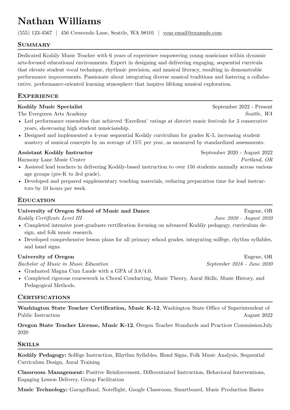 Kodaly Music Teacher resume example, Kodály Music Teacher, page 1