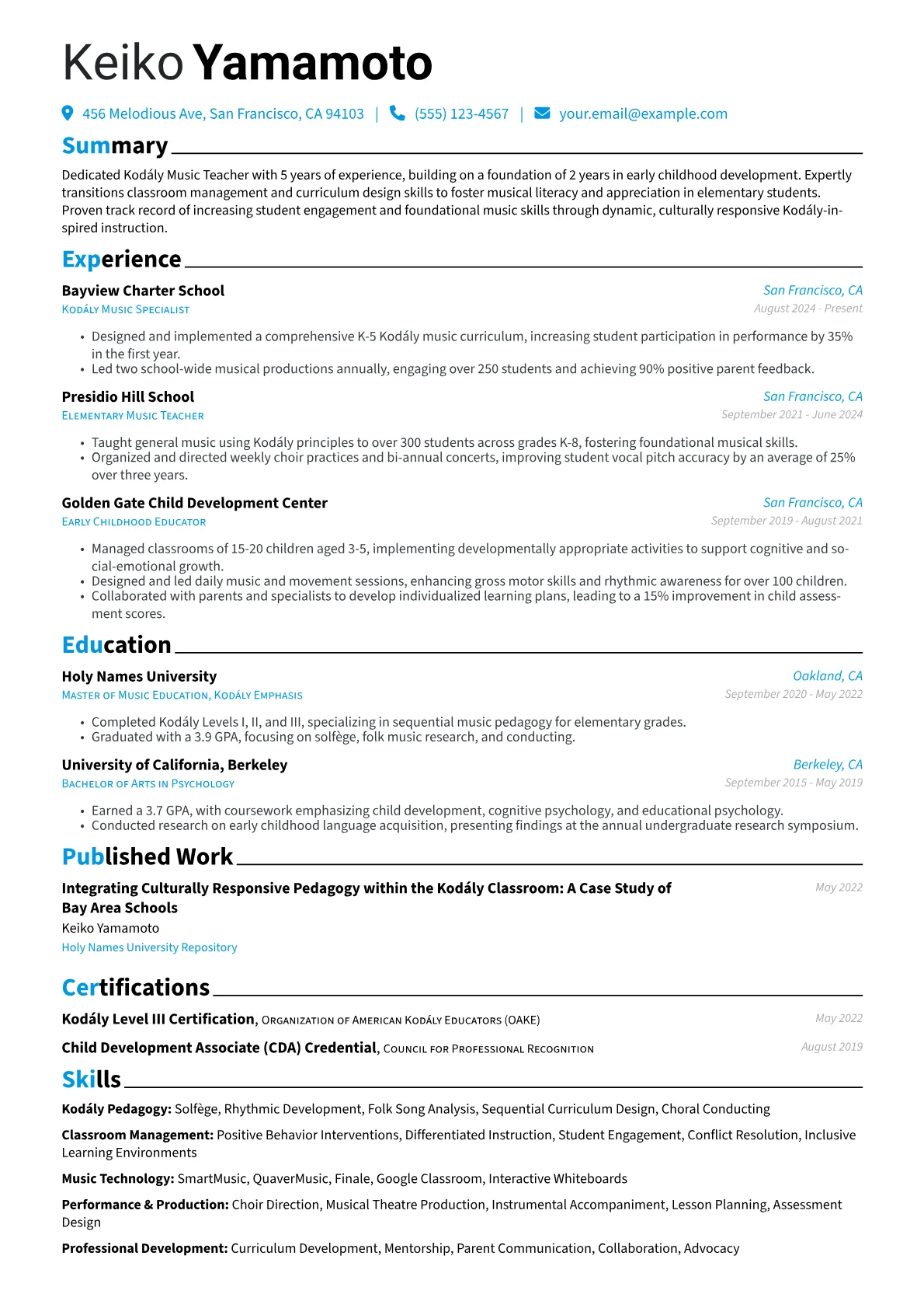 Kodaly Music Teacher resume example, Career changer, page 1