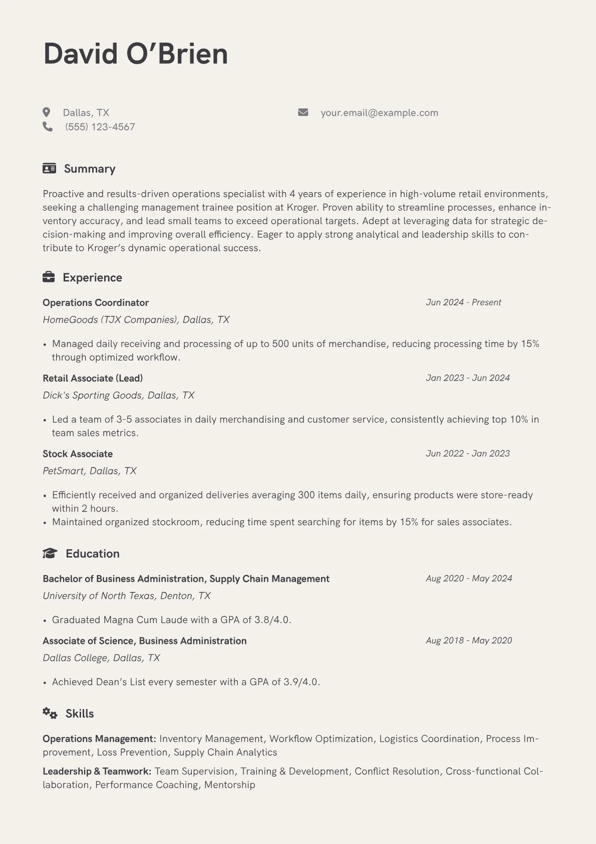 Kroger resume example, Operations Management, page 1