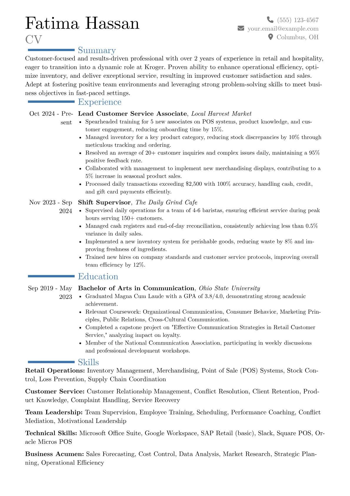 Kroger resume example, Career changer, page 1