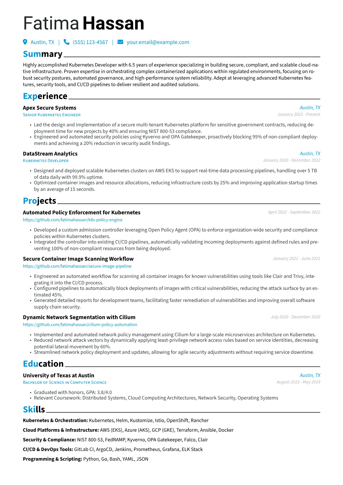 Kubernetes Developer resume example, Kubernetes Developer, page 1