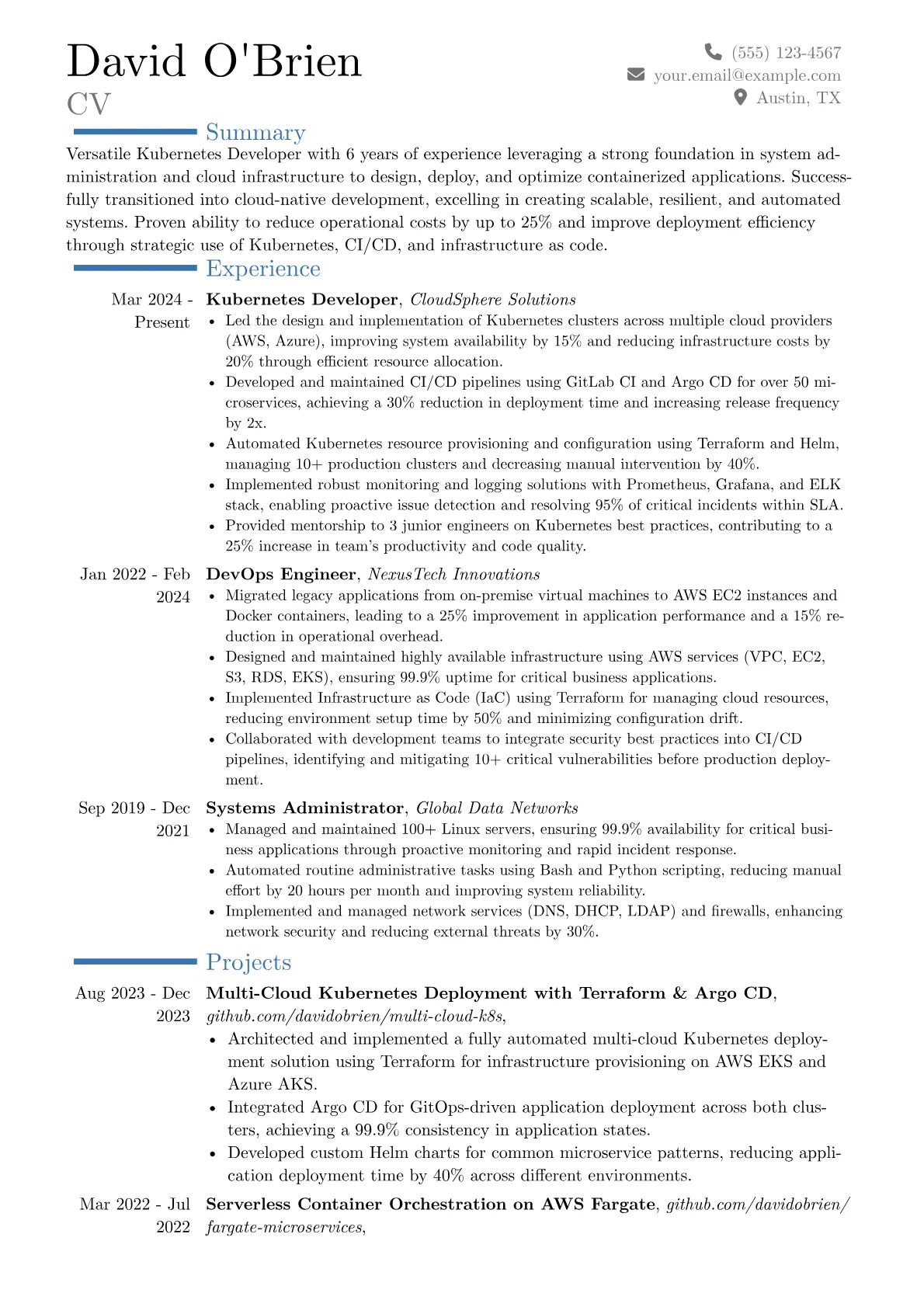 Kubernetes Developer resume example, Career changer, page 1