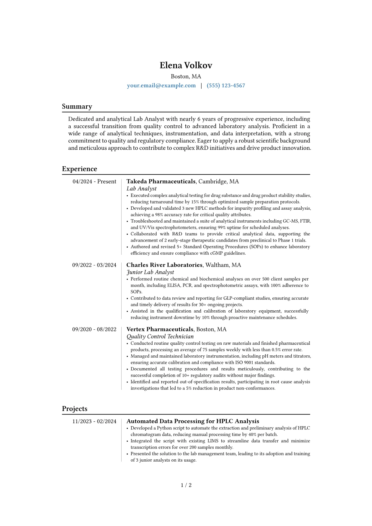 Lab Analyst resume example, Career changer, page 1
