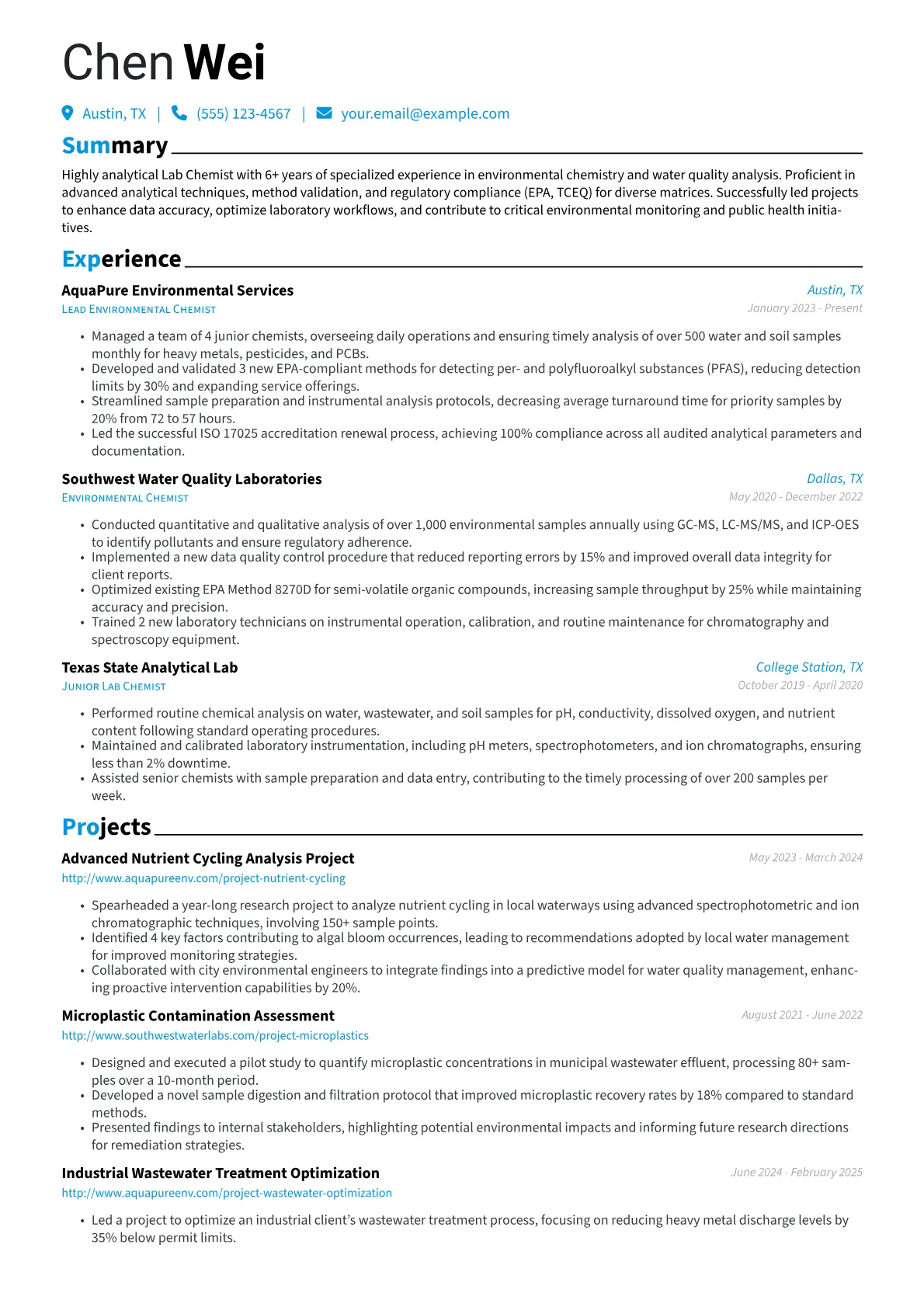 Lab Chemist resume example, Environmental Chemistry, page 1