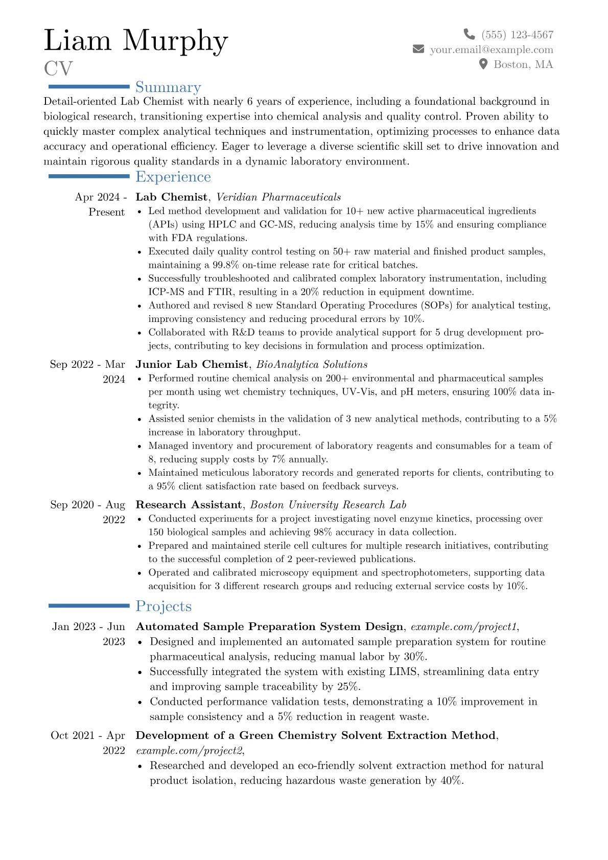 Lab Chemist resume example, Career changer, page 1