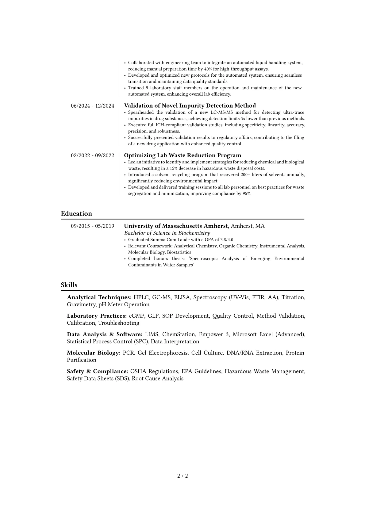 Laboratory Analyst resume example, Career changer, page 2