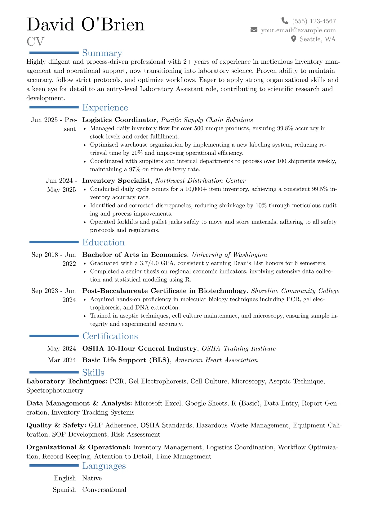 Laboratory Assistant No Experience resume example, Career changer, page 1