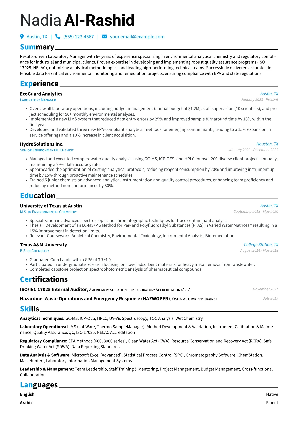 Laboratory Manager resume example, Environmental Lab Manager, page 1