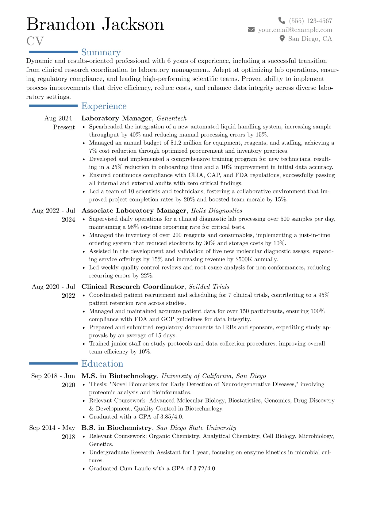 Laboratory Manager resume example, Career changer, page 1