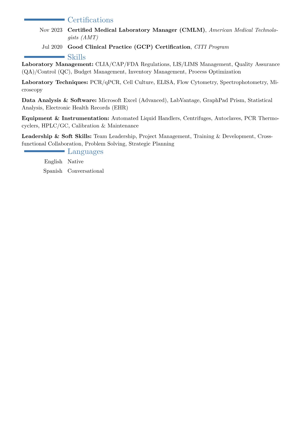 Laboratory Manager resume example, Career changer, page 2