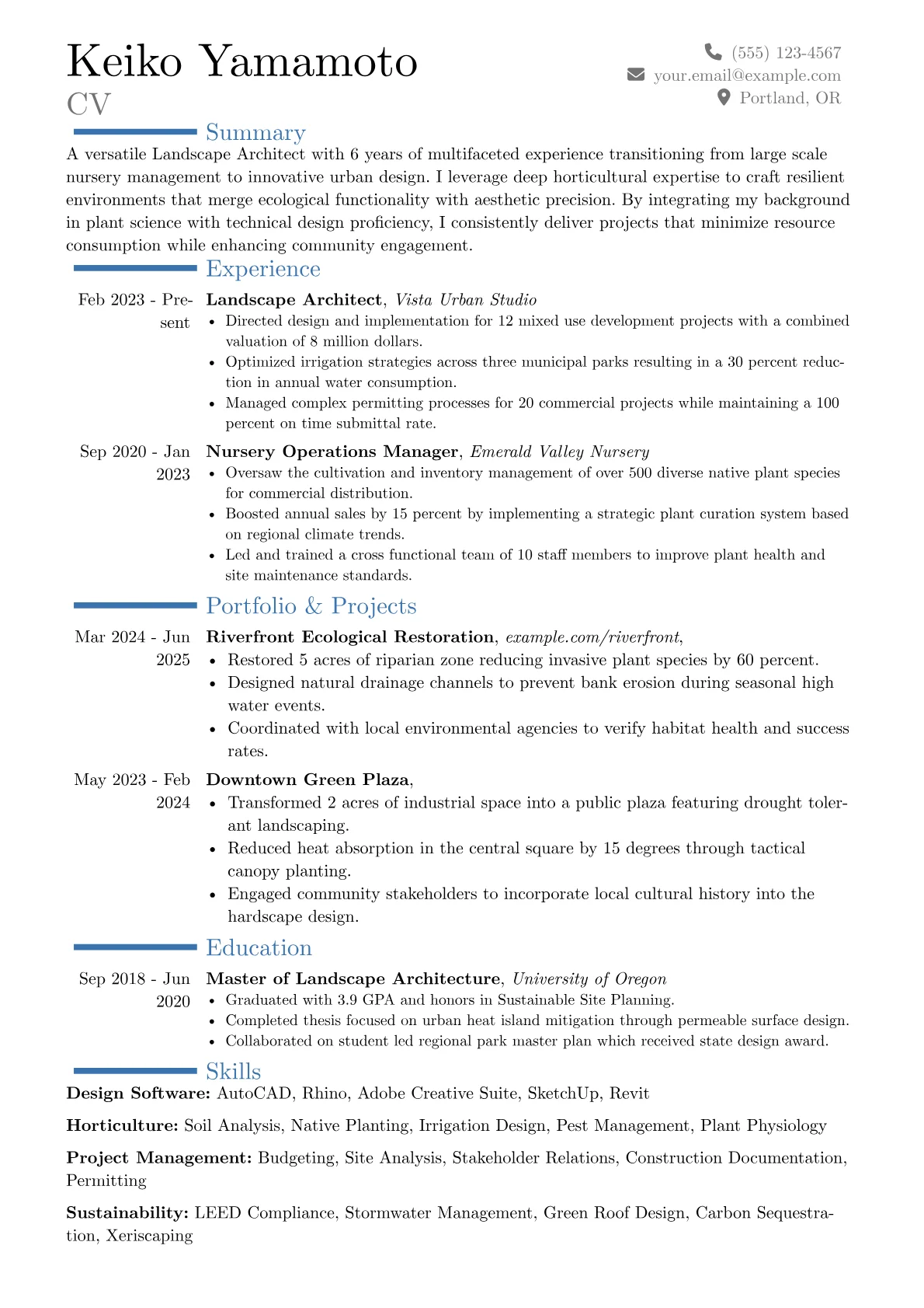Landscape Architect resume example, Career changer, page 1