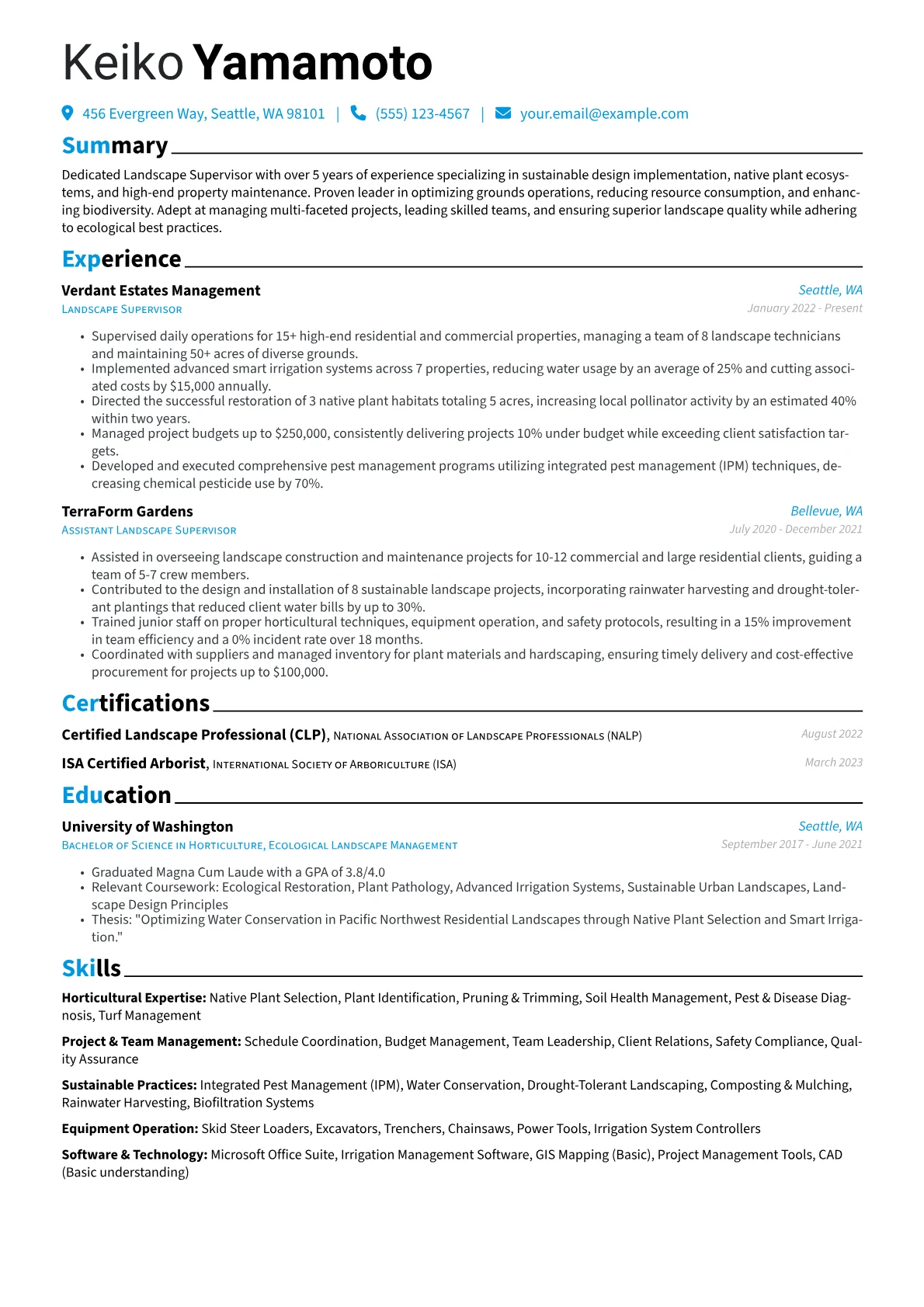 Landscape Supervisor resume example, Sustainable Landscape, page 1