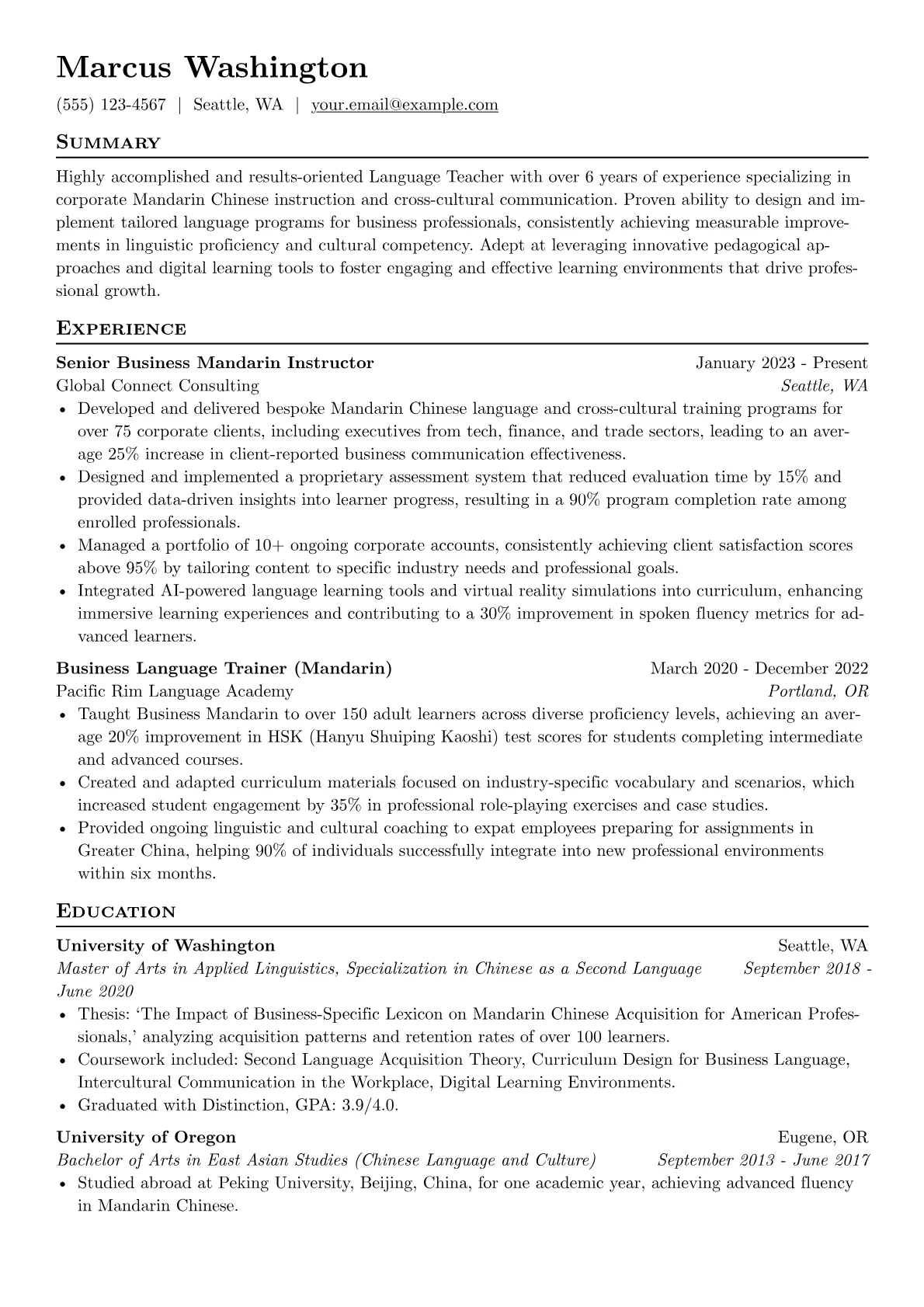 Language Teacher resume example, Corporate Language Trainer, page 1