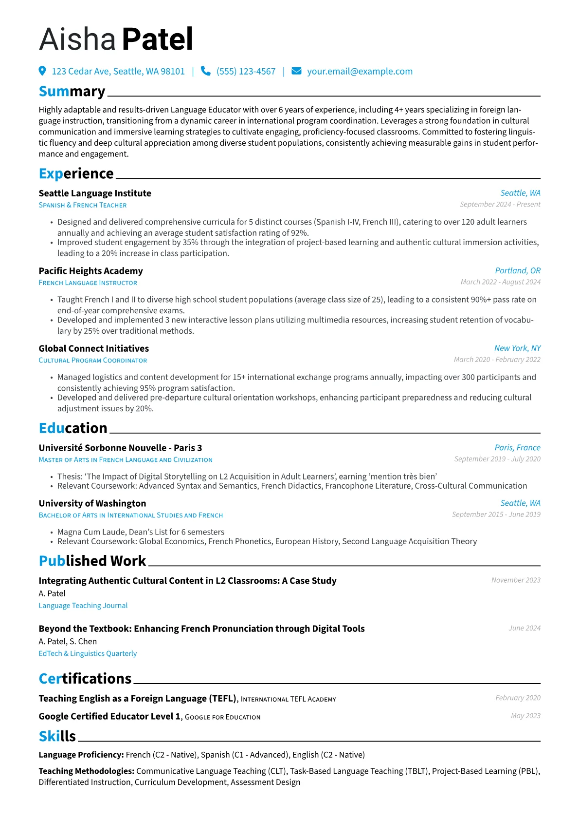 Language Teacher resume example, Career changer, page 1