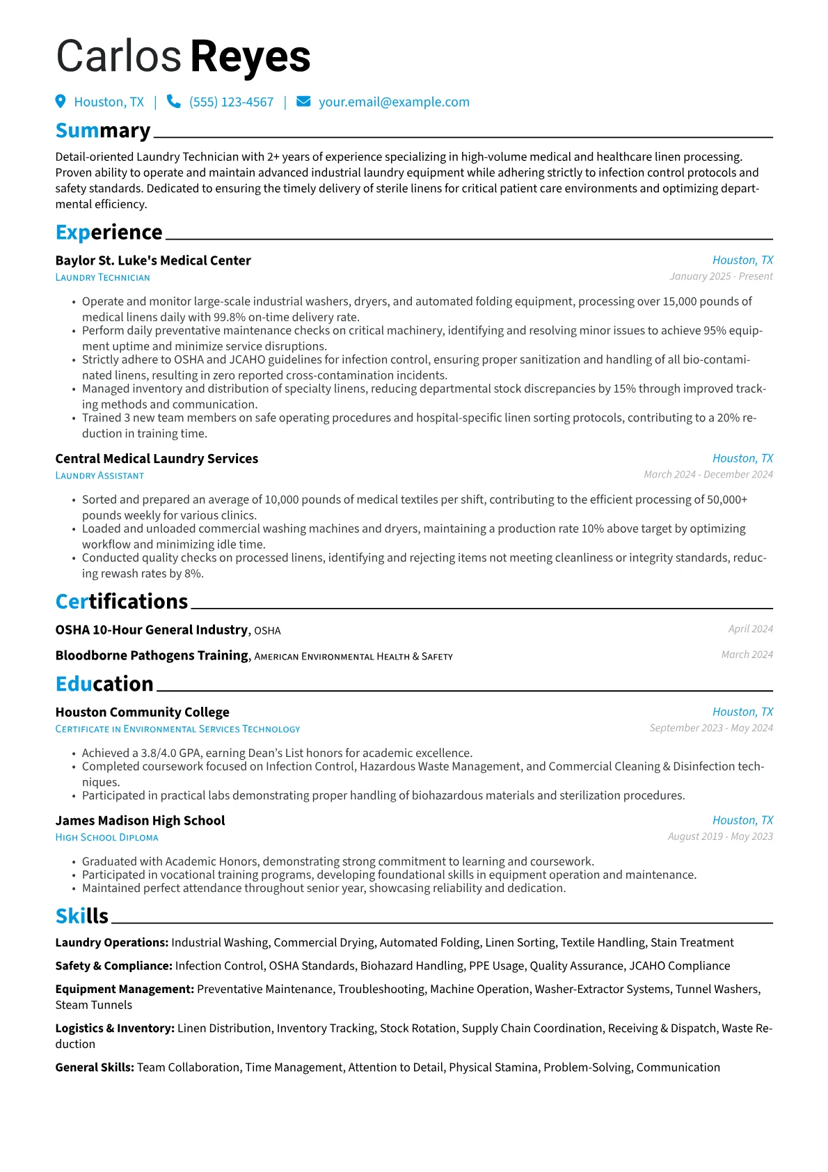 Laundry Worker resume example, Laundry Worker, page 1