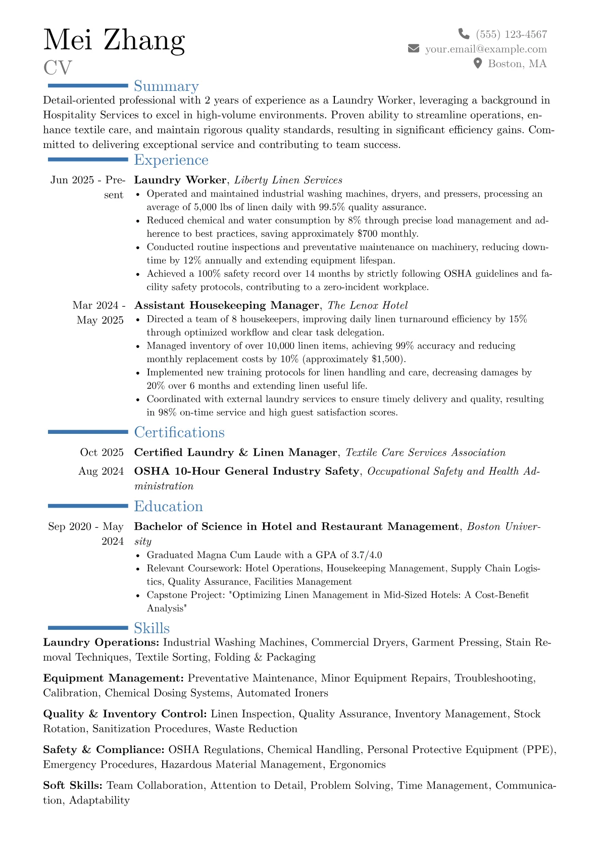 Laundry Worker resume example, Career changer, page 1