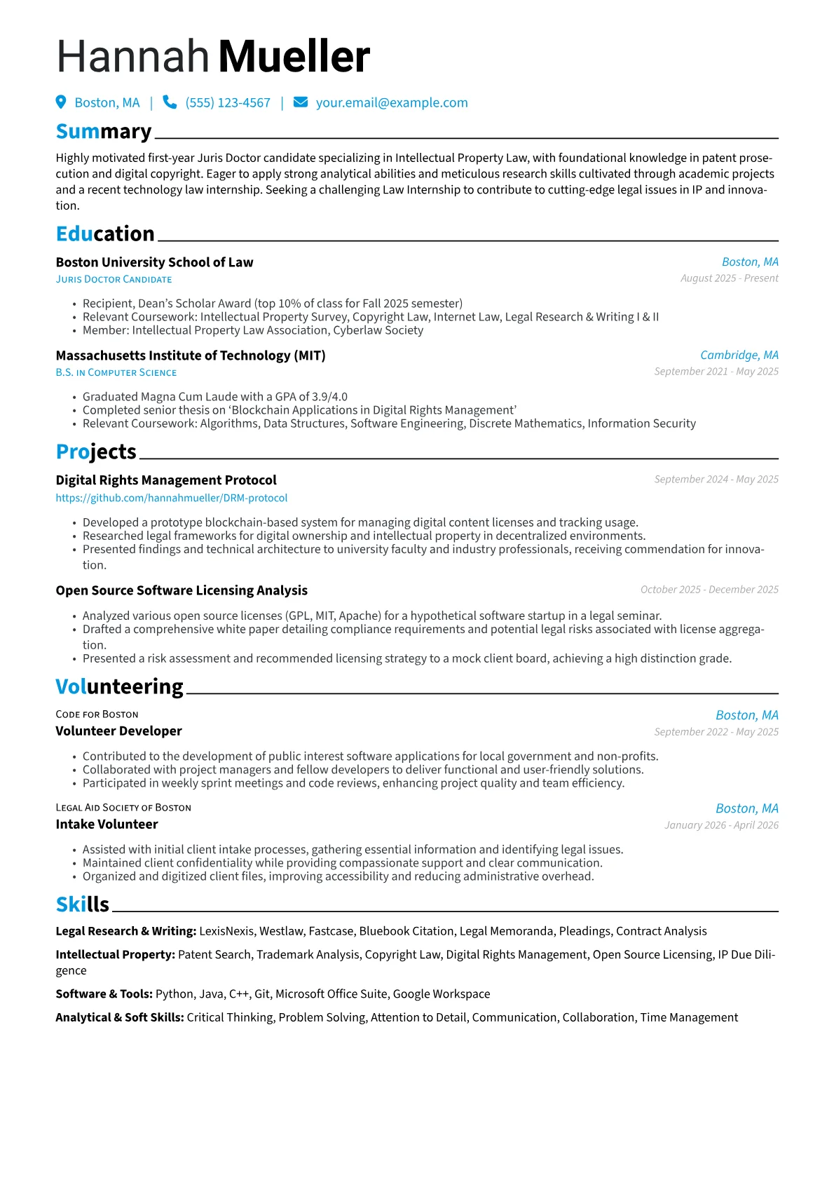 Law Internship resume example, Legal Research & Writing, page 1