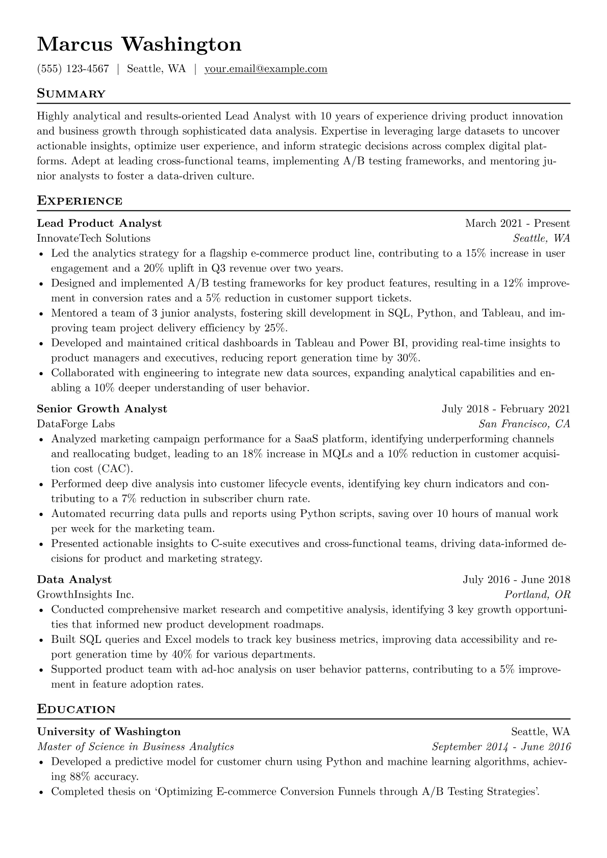 Lead Analyst resume example, Product & Growth Analytics, page 1
