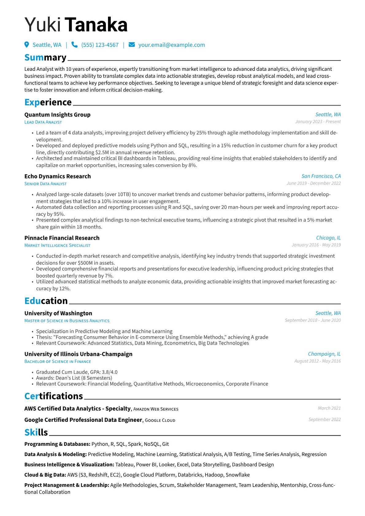 Lead Analyst resume example, Career changer, page 1