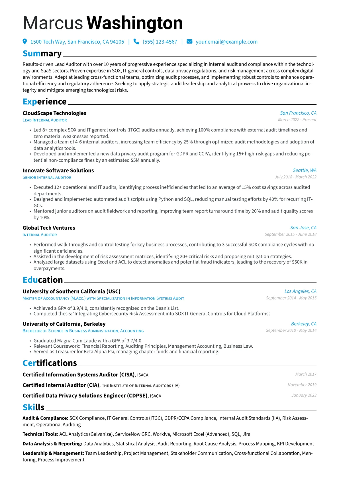 Lead Auditor resume example, Lead Auditor, page 1