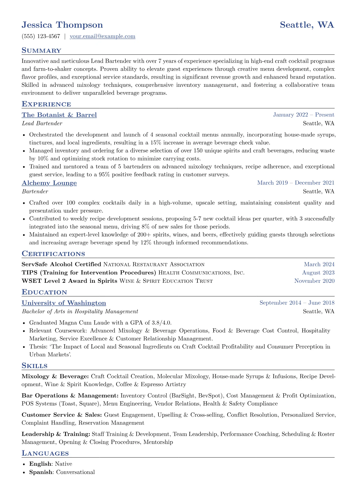 Lead Bartender resume example, Craft Cocktail Specialist, page 1