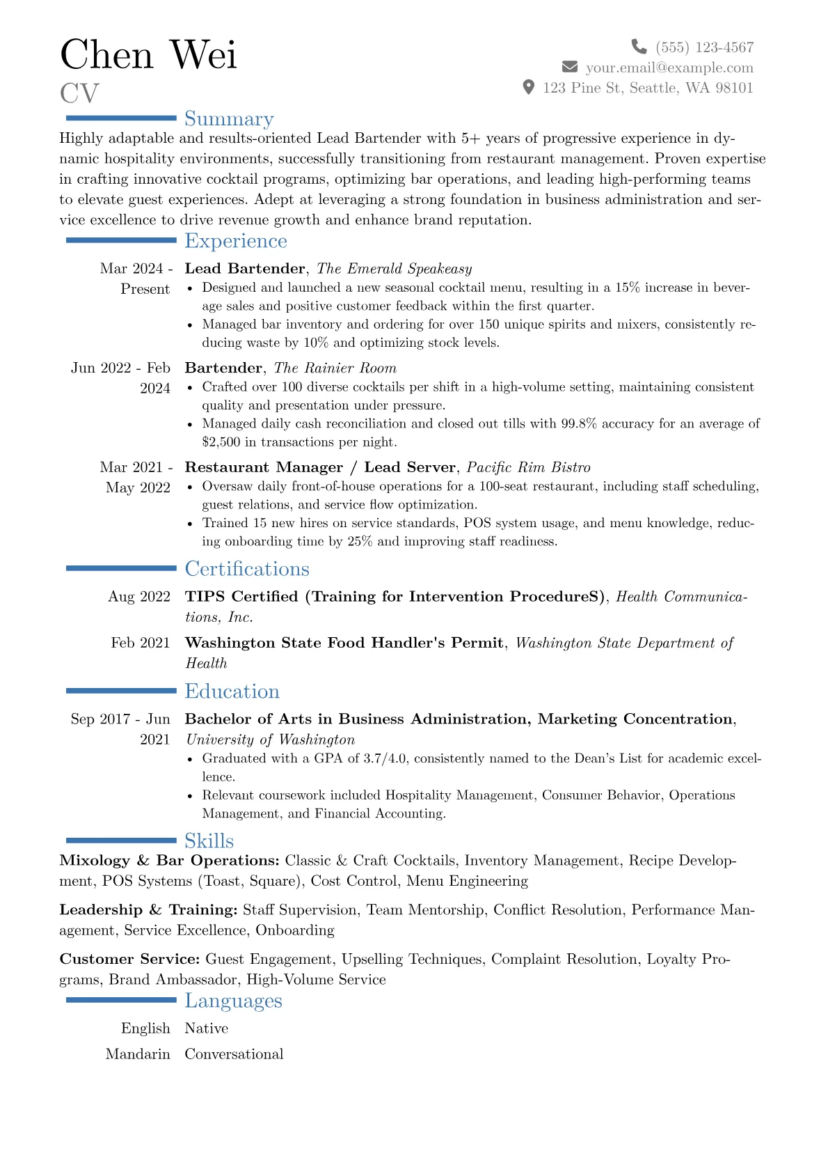 Lead Bartender resume example, Career changer, page 1