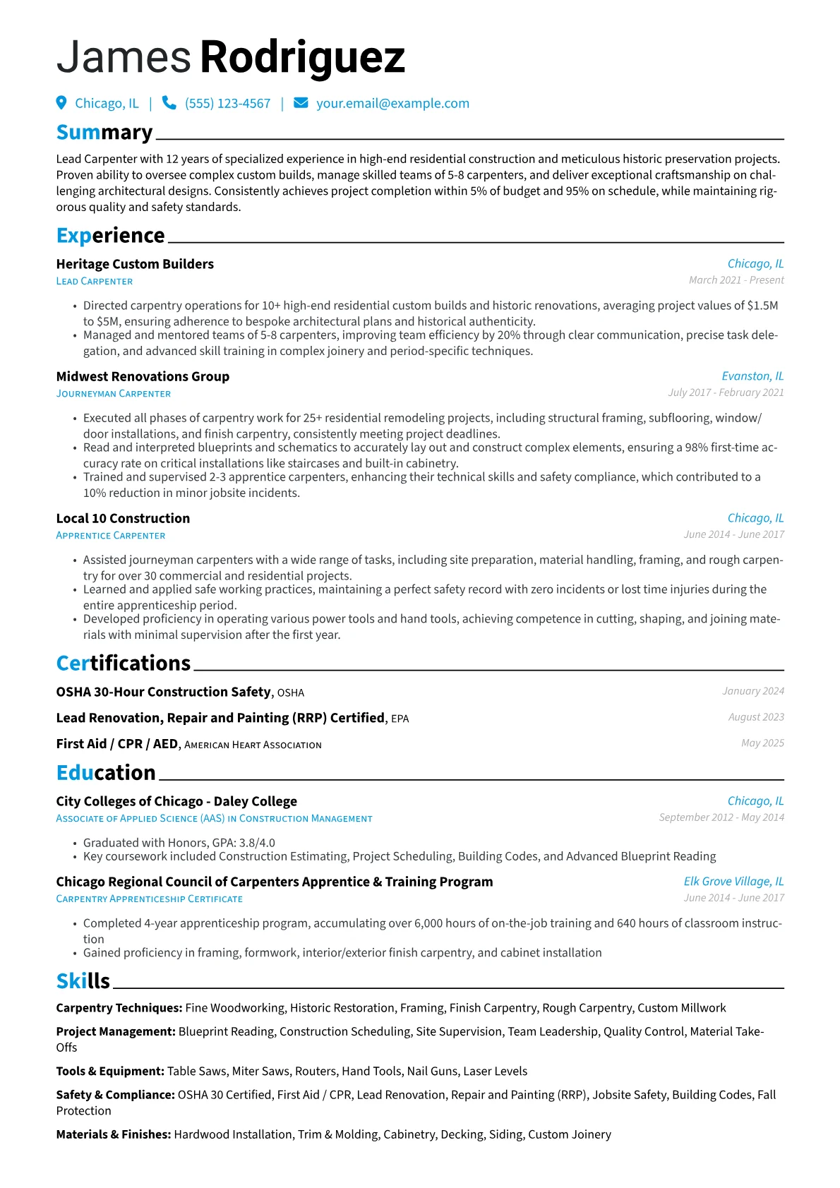 Lead Carpenter resume example, Carpentry Techniques, page 1