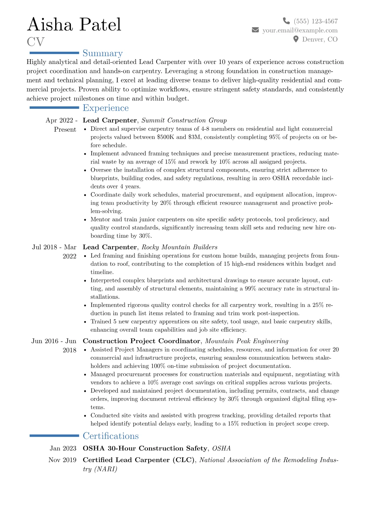 Lead Carpenter resume example, Career changer, page 1