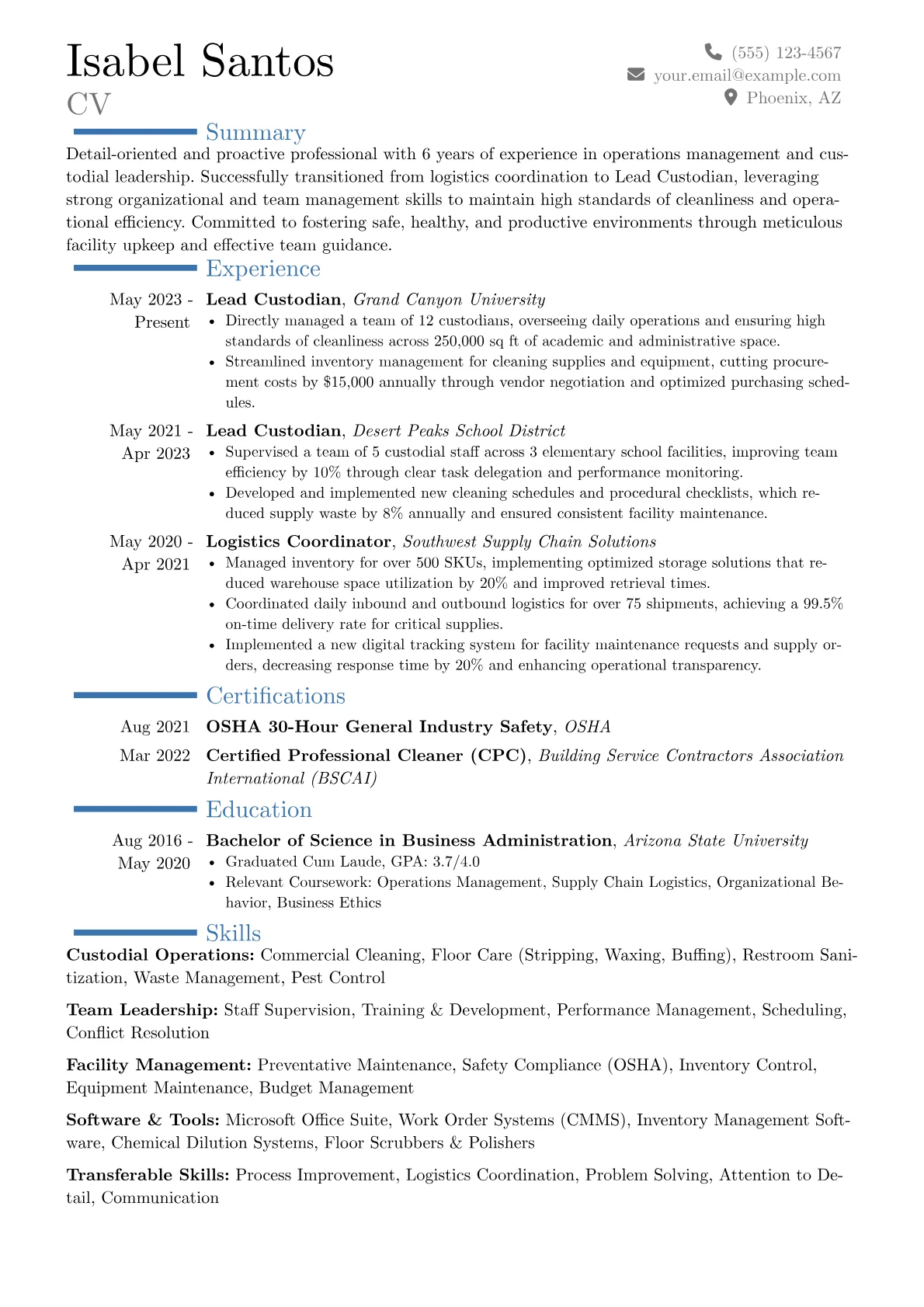 Lead Custodian resume example, Career changer, page 1