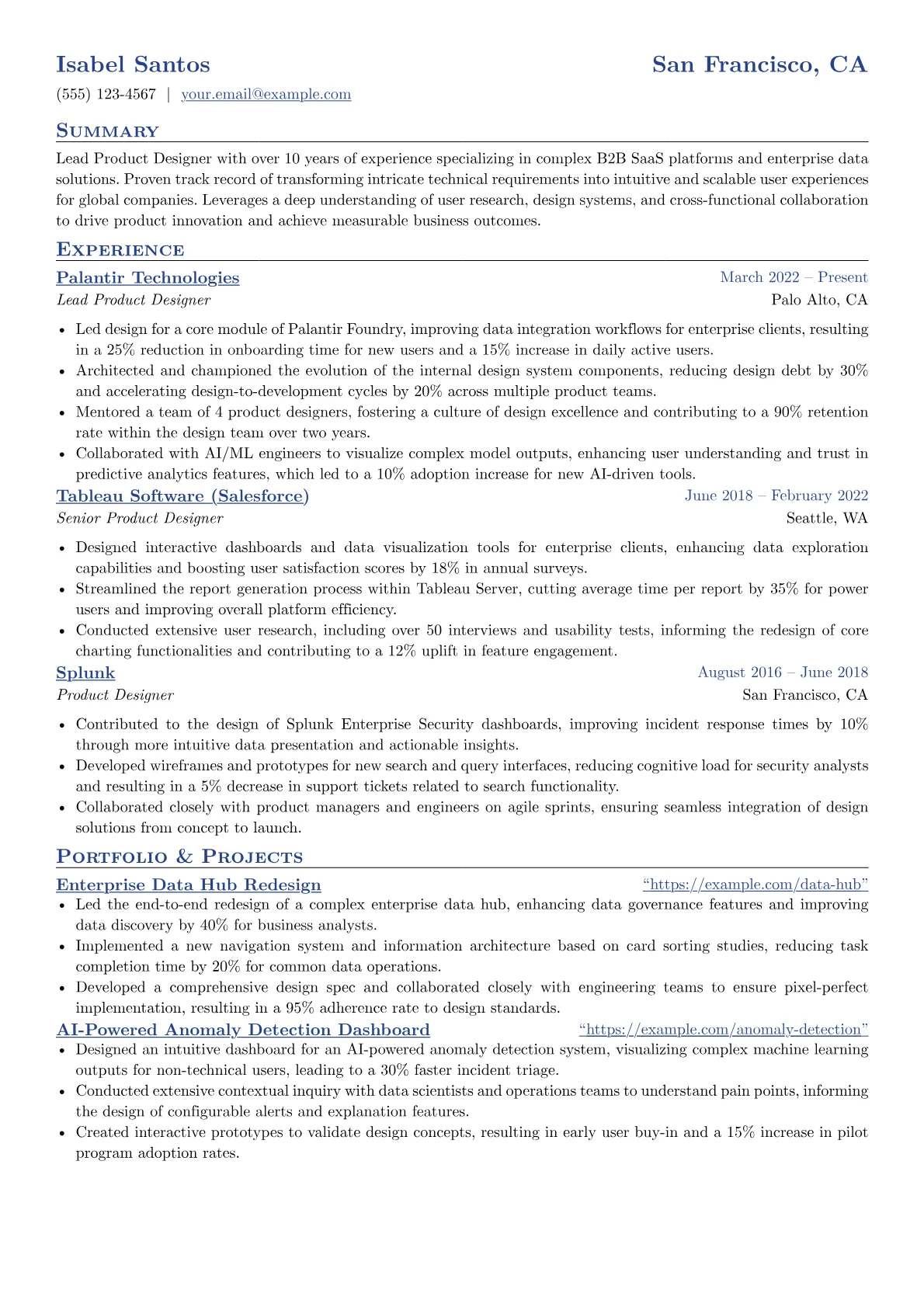 Lead Designer resume example, B2B SaaS & Data Platforms, page 1