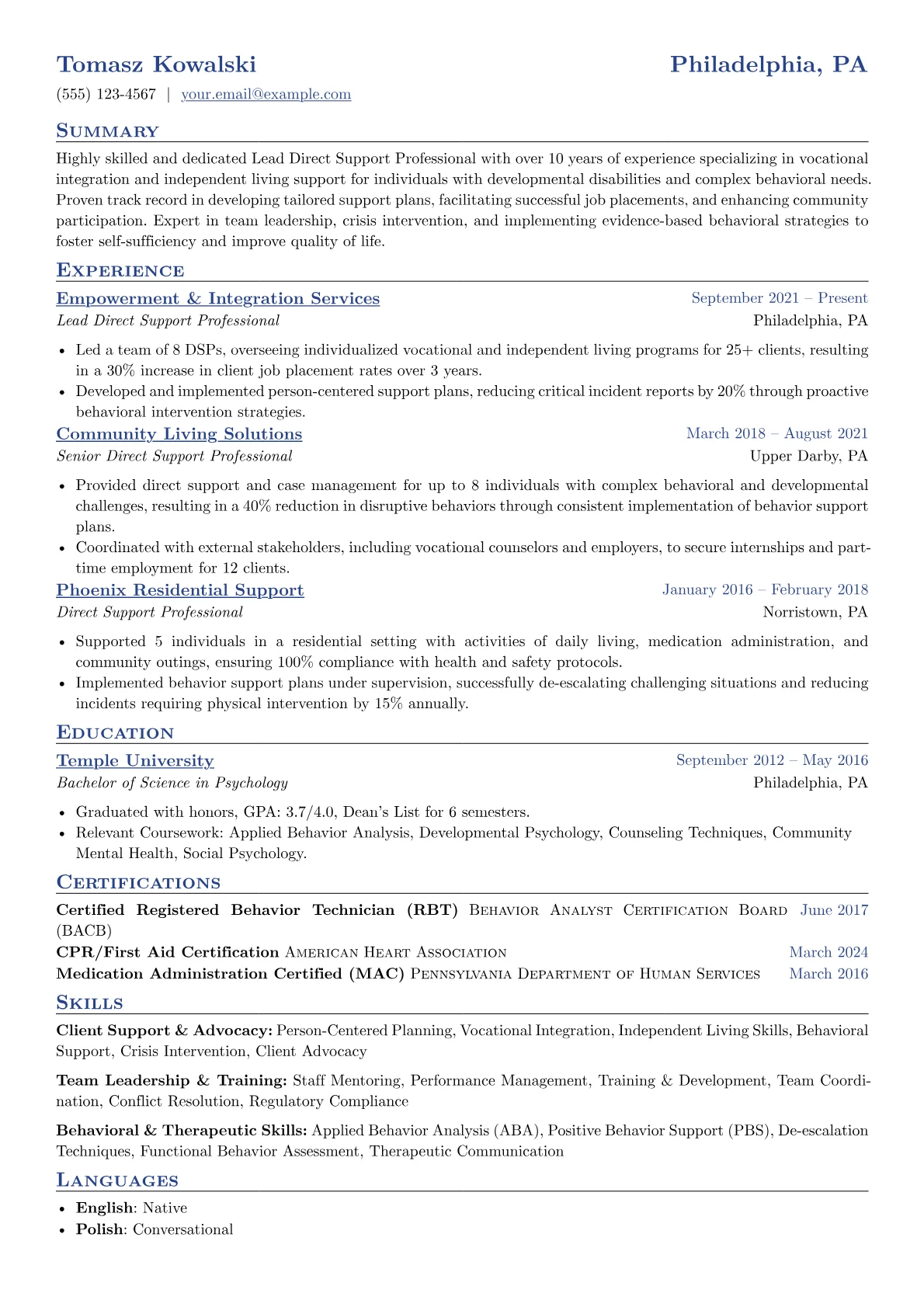 Lead Direct Support Professional resume example, Vocational Integration, page 1