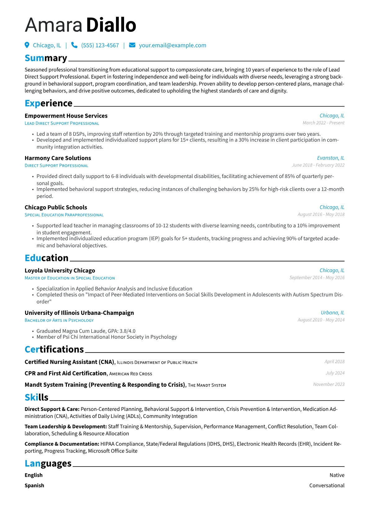 Lead Direct Support Professional resume example, Career changer, page 1