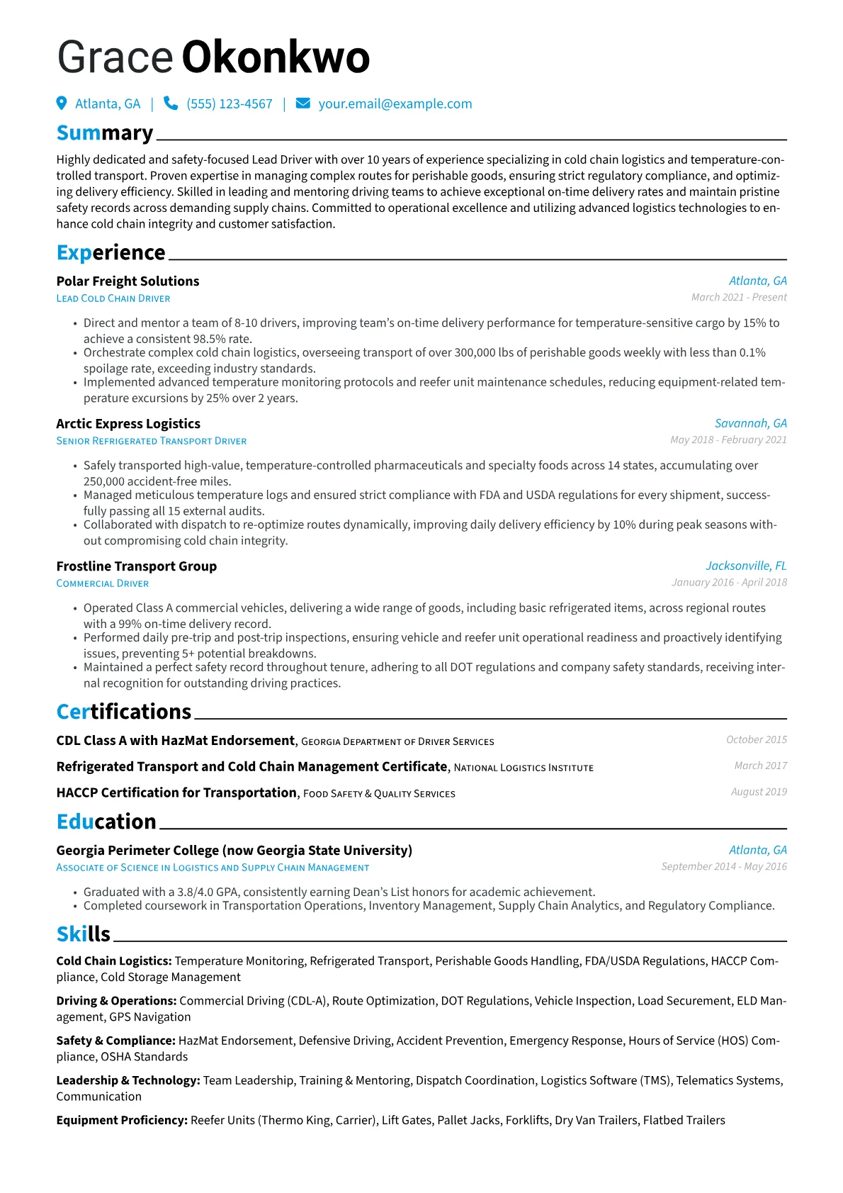 Lead Driver resume example, Cold Chain Specialist, page 1