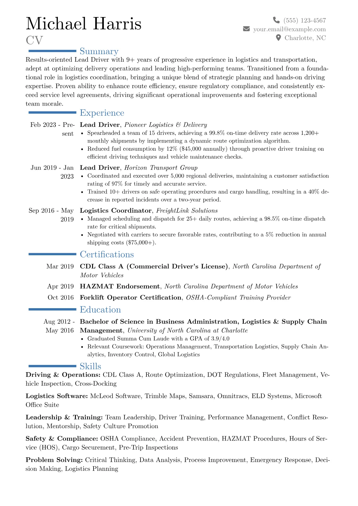 Lead Driver resume example, Career changer, page 1