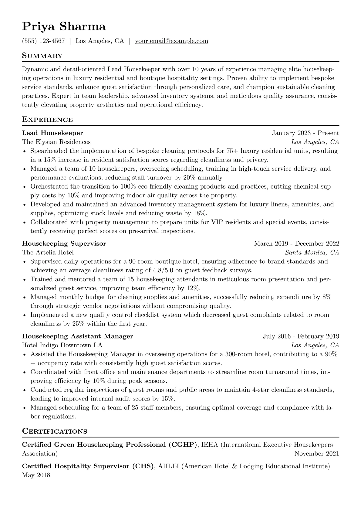 Lead Housekeeper resume example, Luxury Residential, page 1