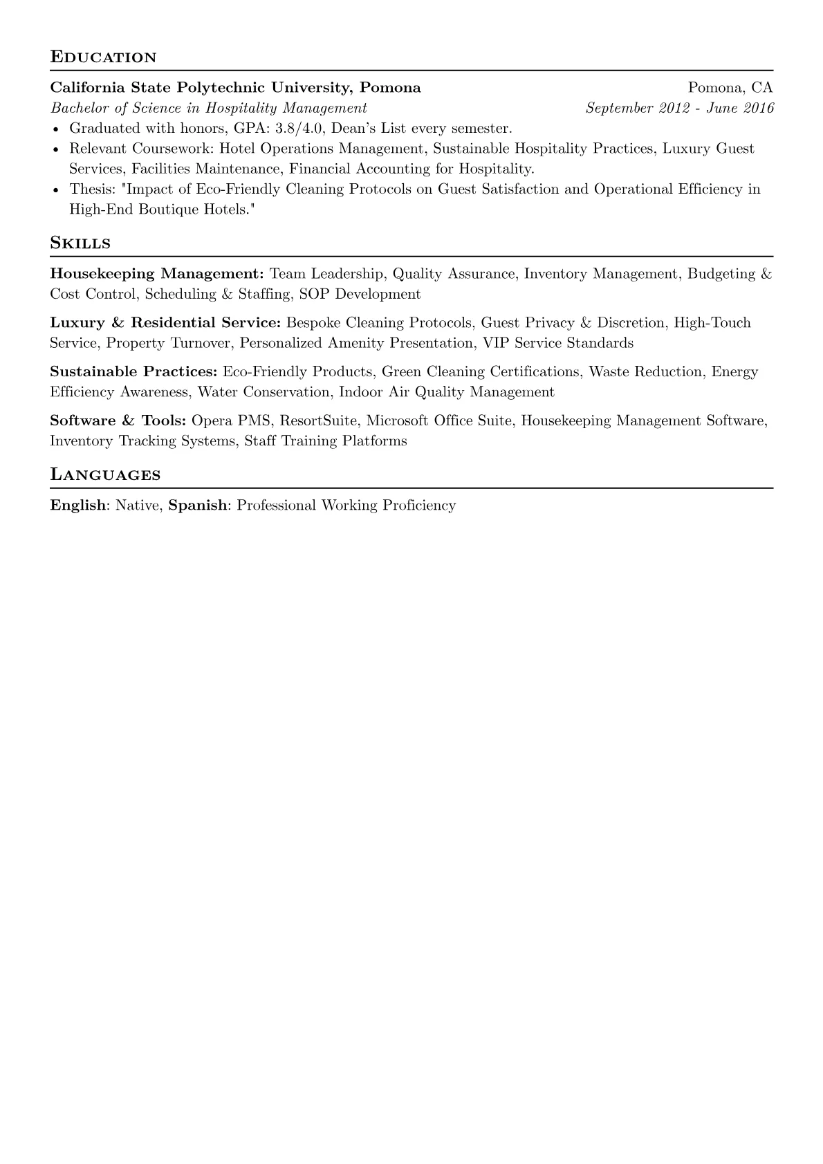 Lead Housekeeper resume example, Luxury Residential, page 2
