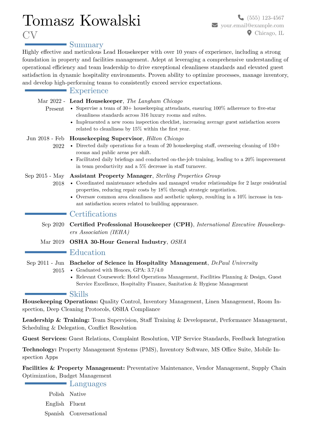 Lead Housekeeper resume example, Career changer, page 1