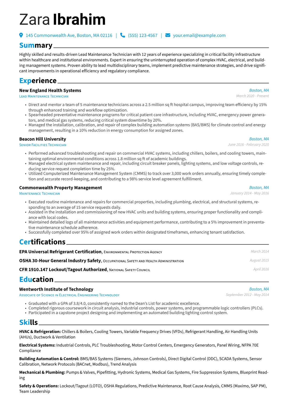 Lead Maintenance Technician resume example, Critical Facilities, page 1