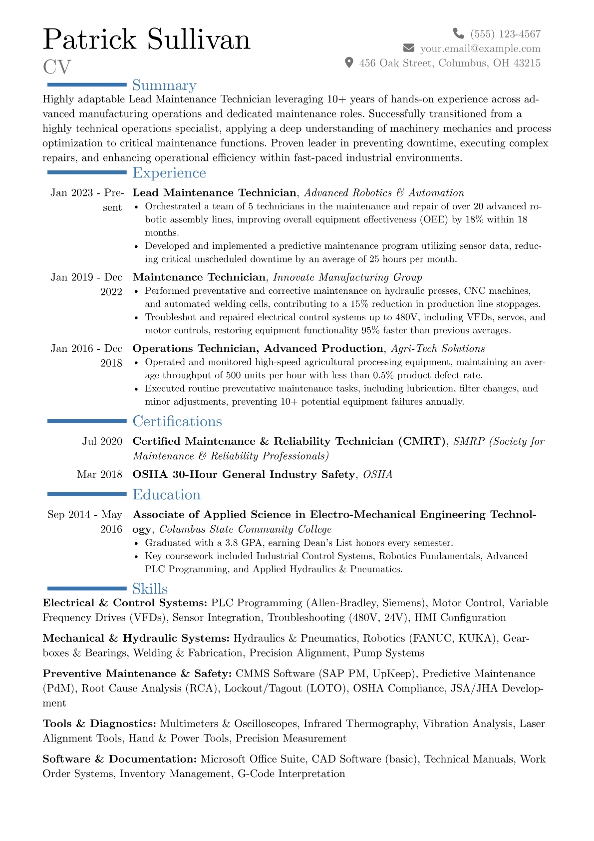 Lead Maintenance Technician resume example, Career changer, page 1