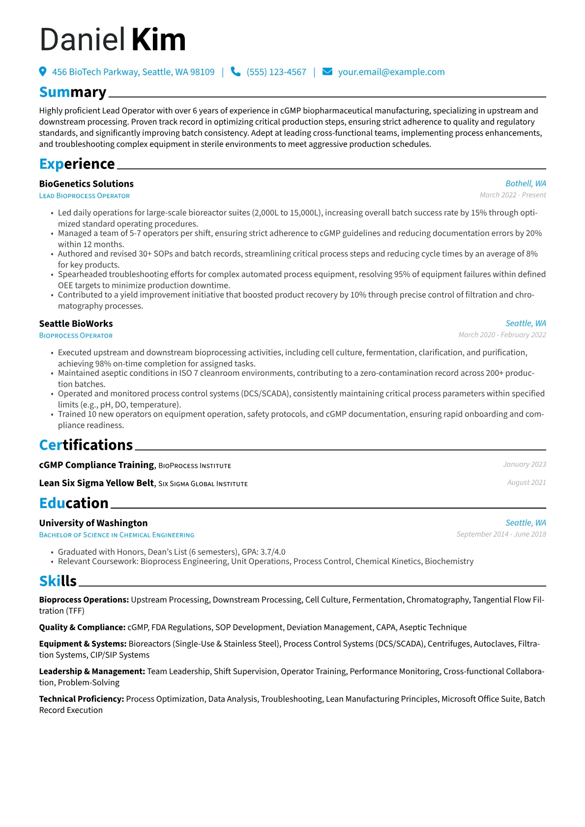 Lead Operator resume example, Biopharmaceutical, page 1