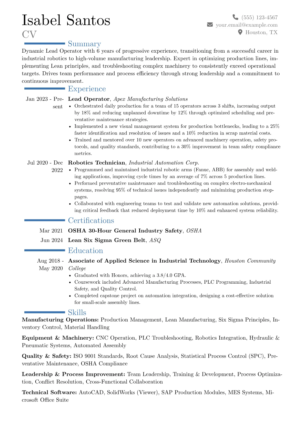 Lead Operator resume example, Career changer, page 1