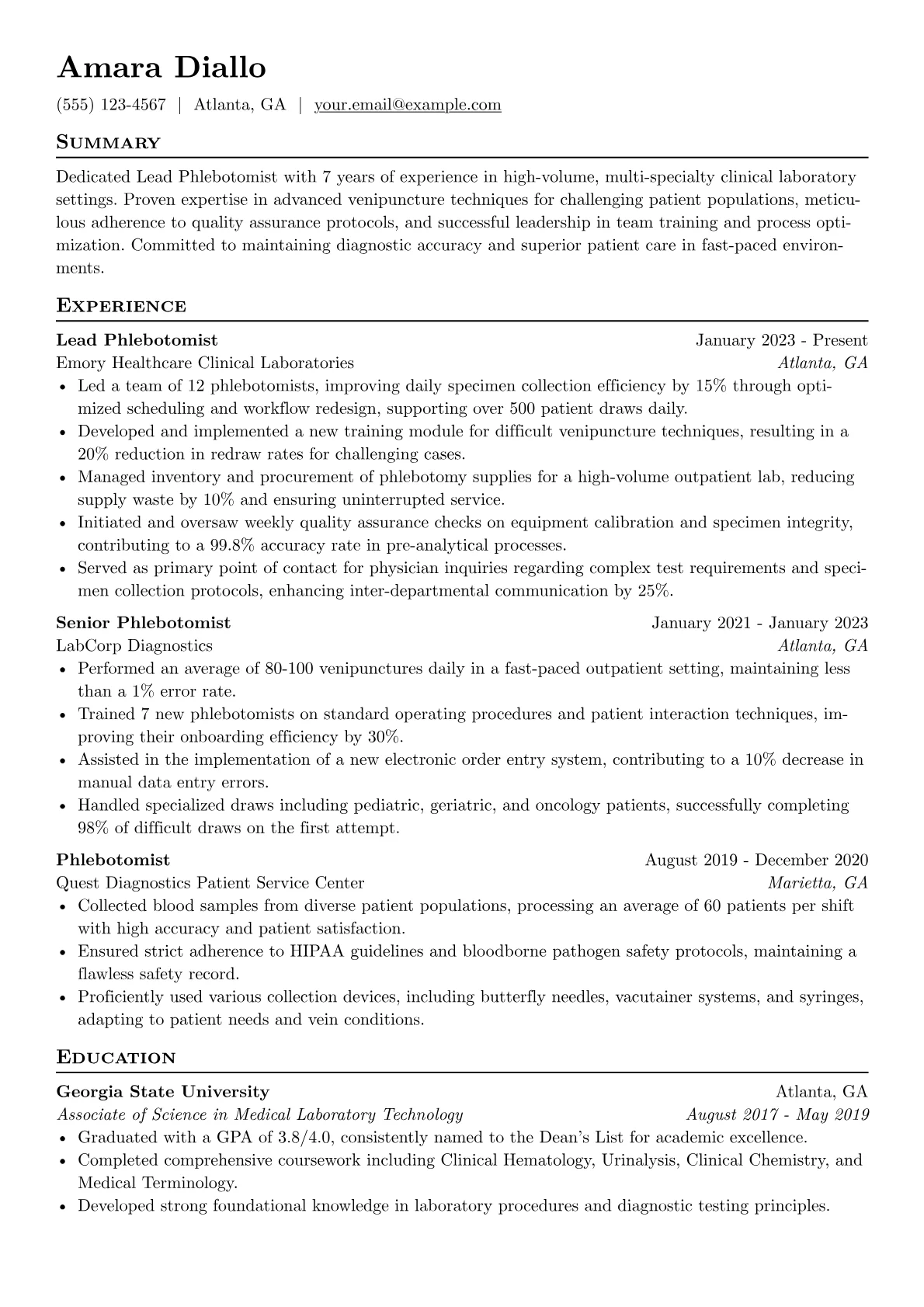Lead Phlebotomist resume example, Phlebotomy Techniques, page 1