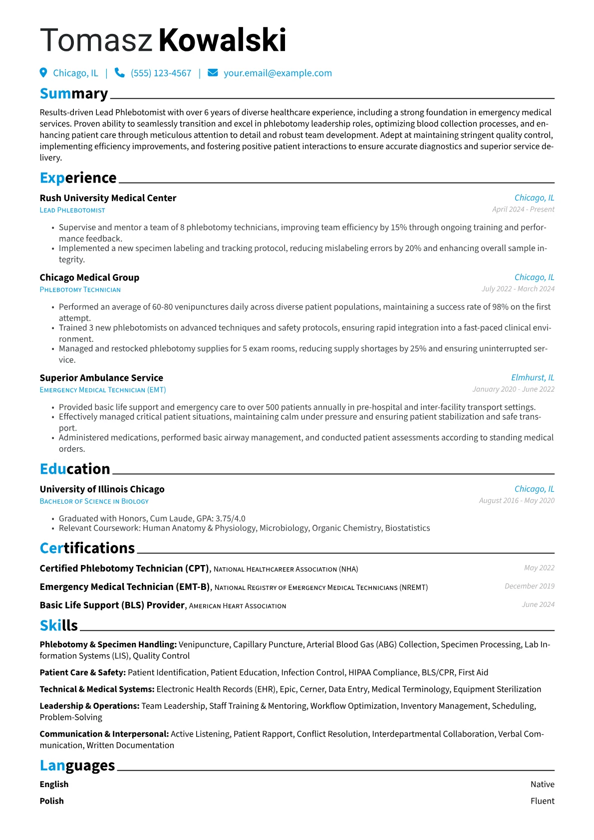 Lead Phlebotomist resume example, Career changer, page 1