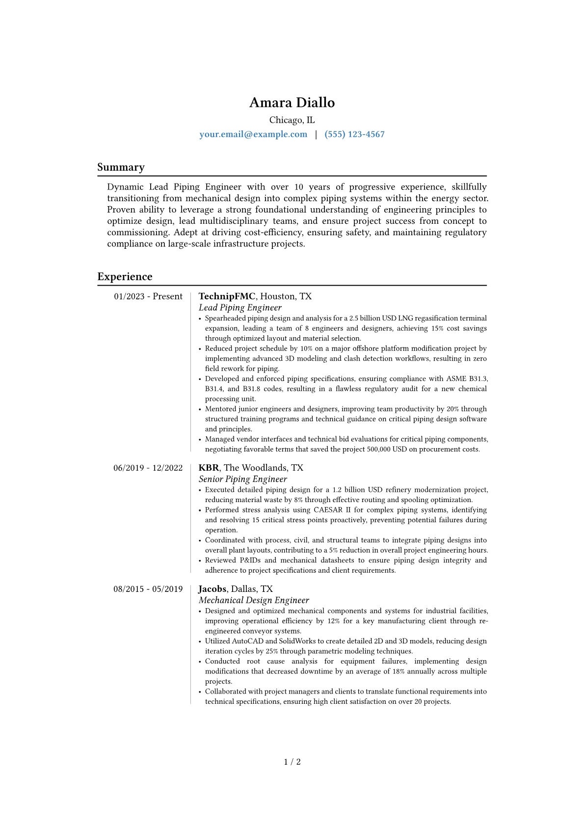 Lead Piping Engineer resume example, Career changer, page 1